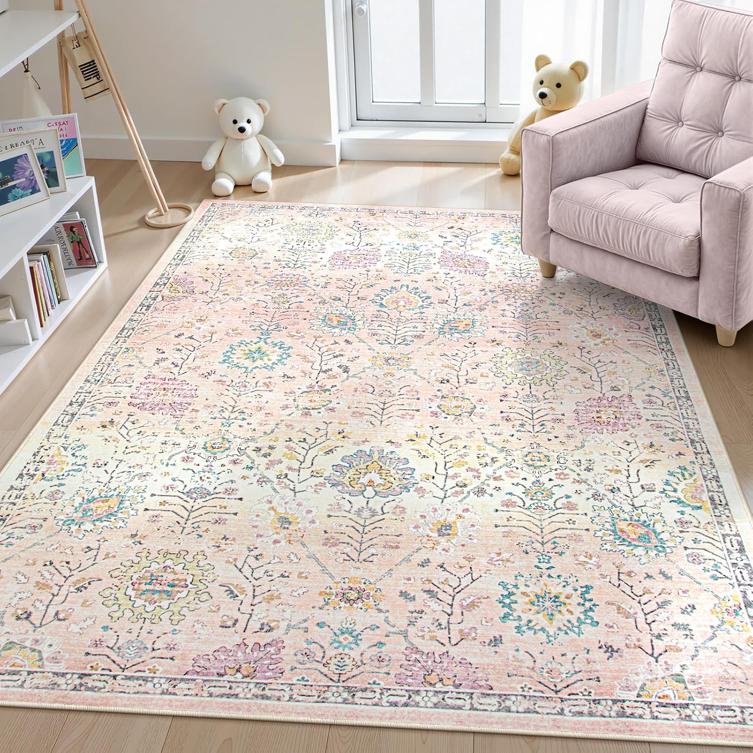 Lahome Pink Boho Area Rug for Nursery and Kids Room Decor
