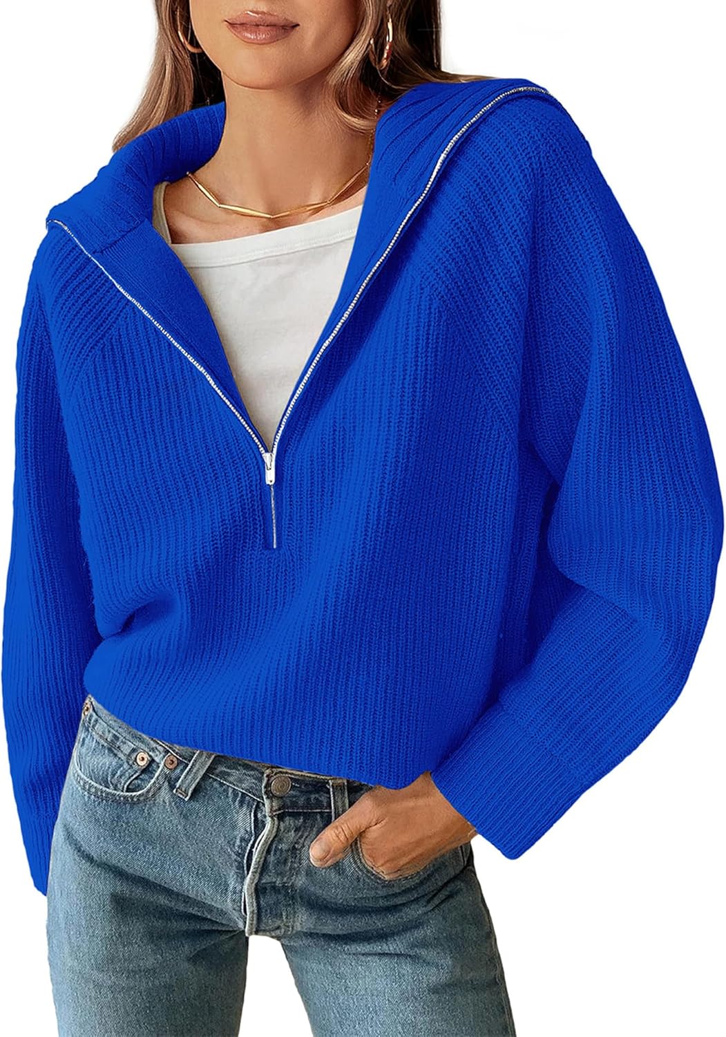 BTFBM Womens Quarter Zip Pullover V Neck Collar Sweater