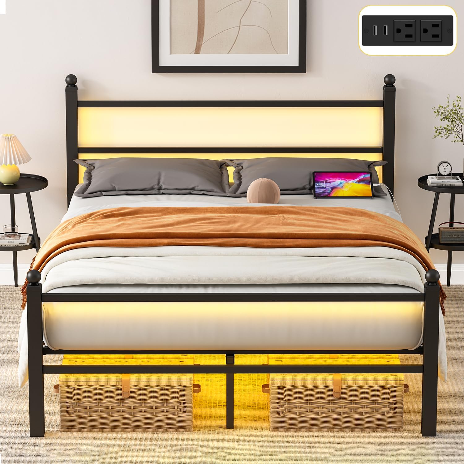 Full Size Bed Frame with LED Lights and USB Charging Station