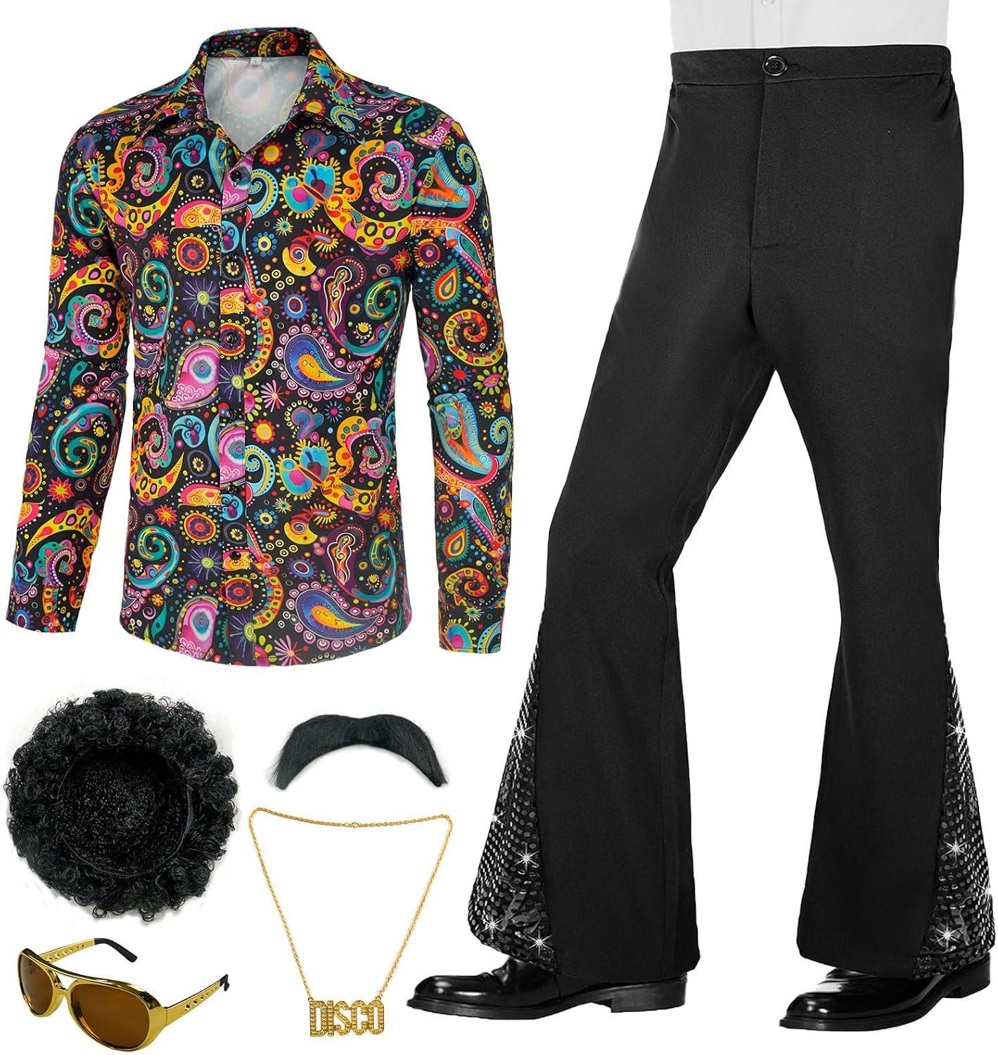 70s Outfits for Men Disco Costume with Bell Bottom Pants Set