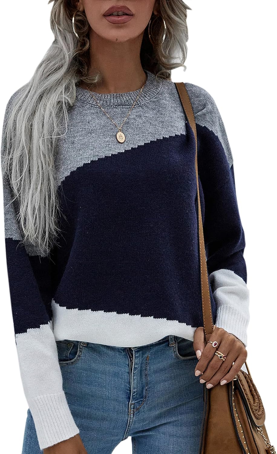 ECOWISH Women Sweater Long Sleeve Color Block Knit Pullover