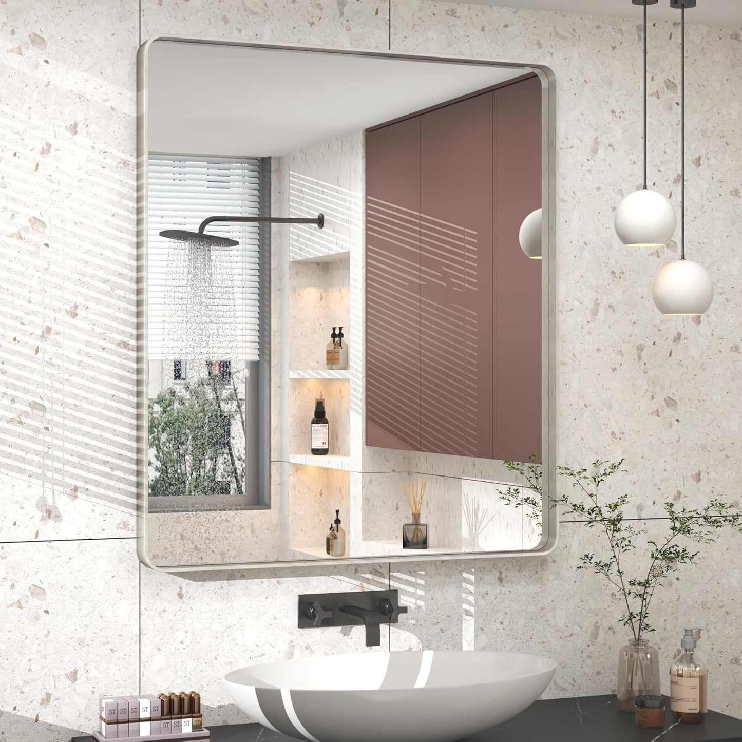 30x36 Brushed Silver Bathroom Mirror with Rounded Rectangle Frame