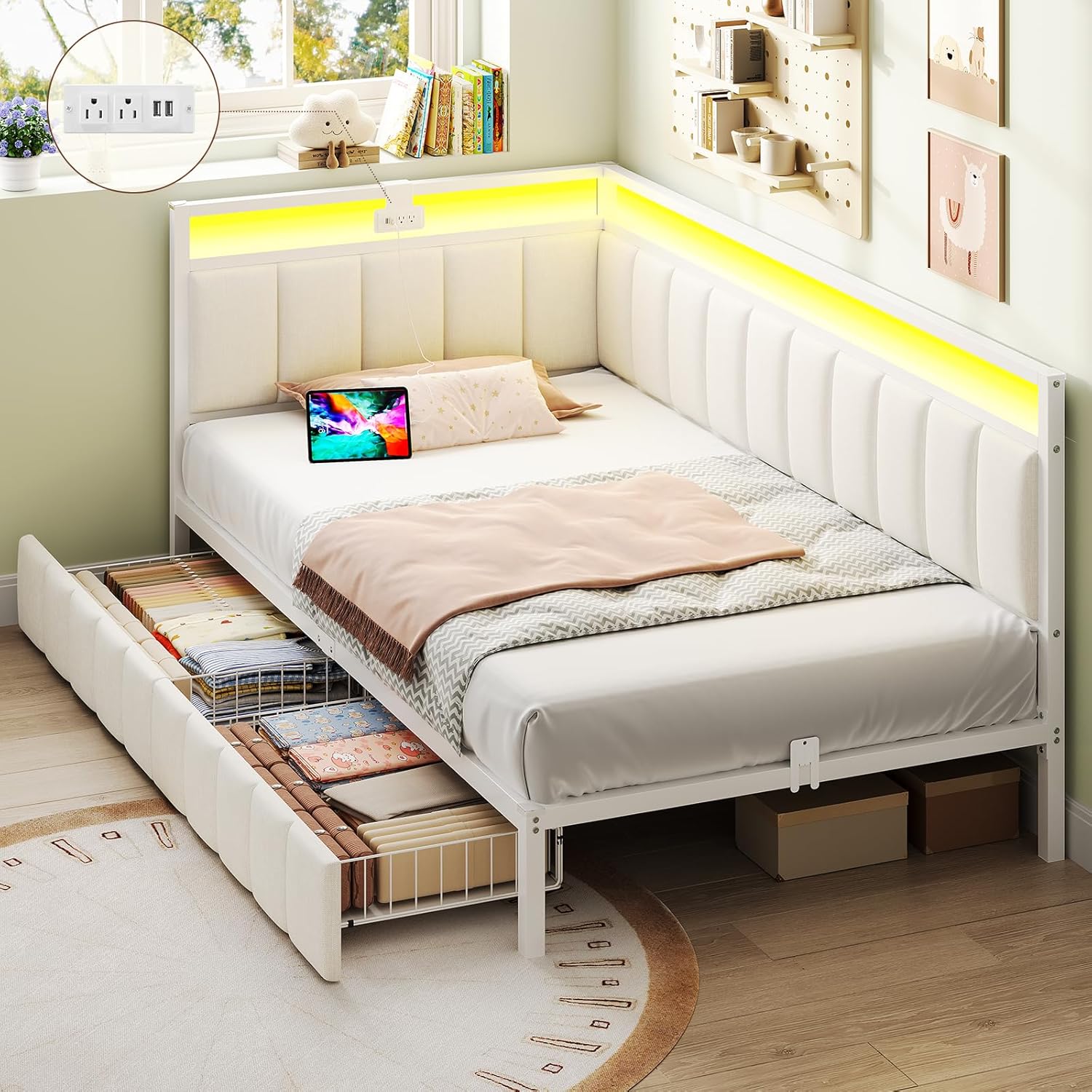 DICTAC Corner Twin Bed Frame with Storage and LED Lights