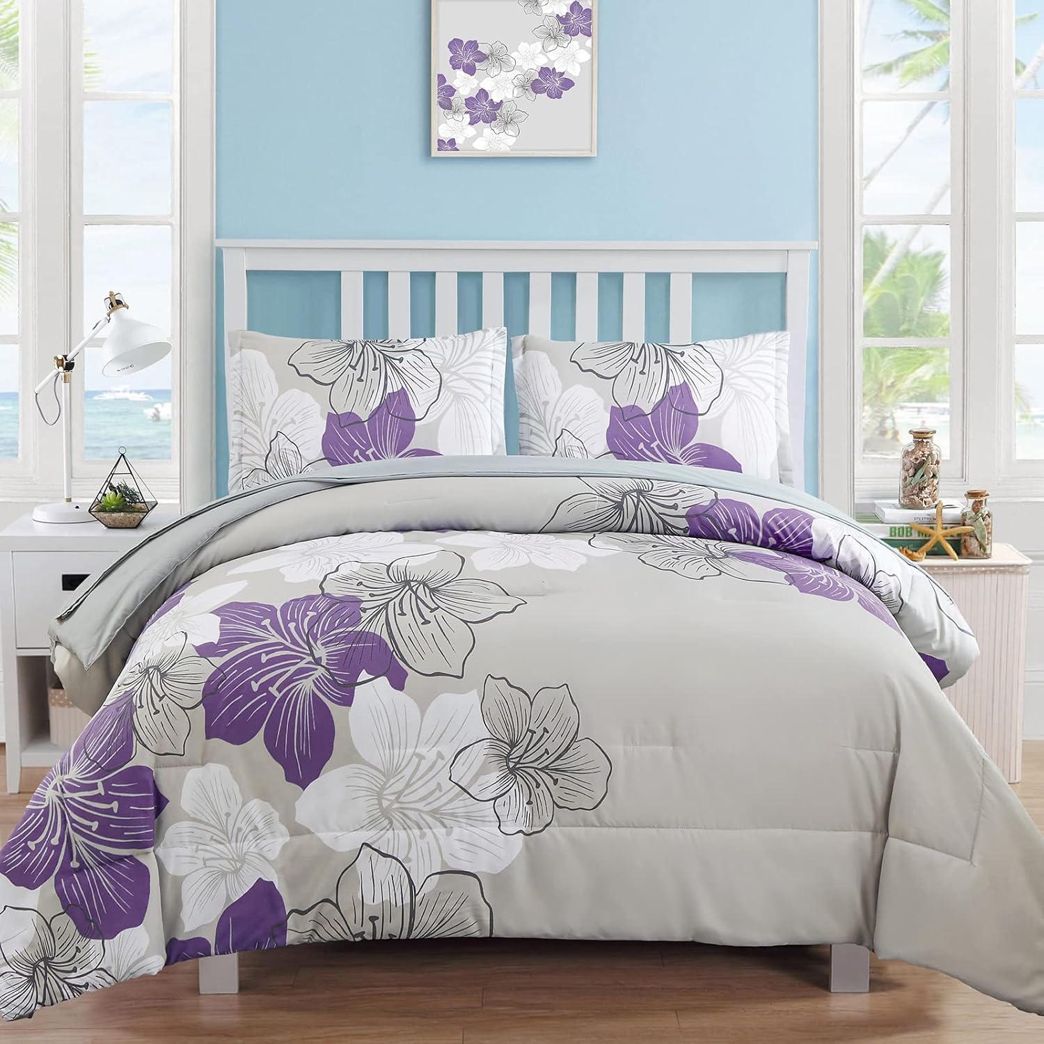 Luxudecor Purple Comforter Set King Size with Floral Design