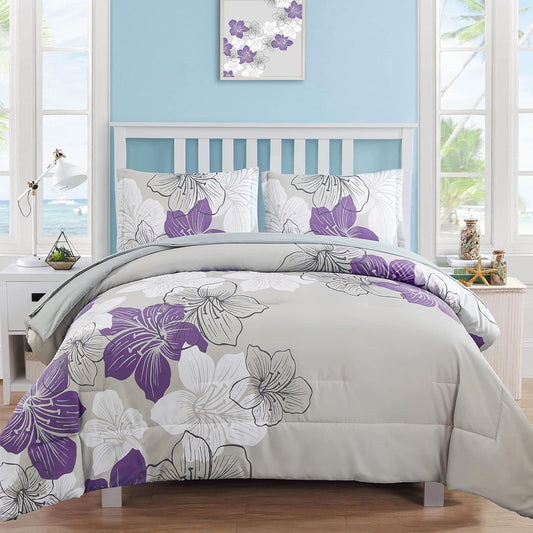 Luxudecor Purple Comforter Set King Size with Floral Design