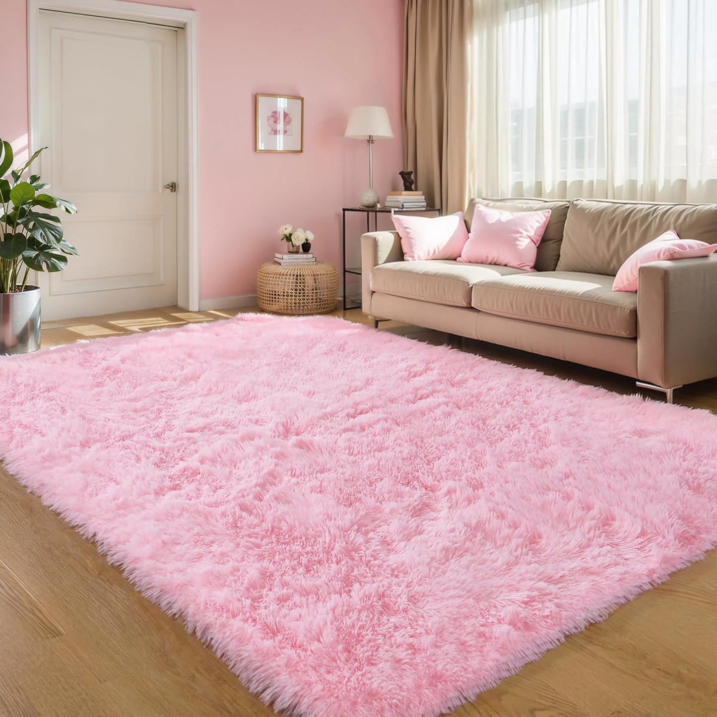 KCHOWUA Pink Fluffy Shag Rug for Bedroom Girls, 6ftx9ft Plush