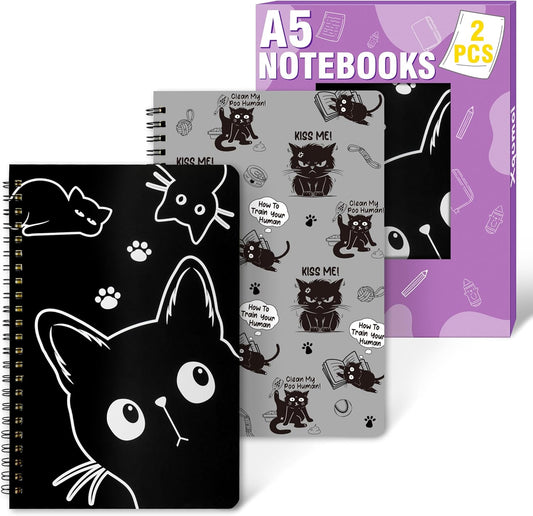 Cute Cat A5 Funny Spiral Notebooks x2 - Ruled Hardcover Journals