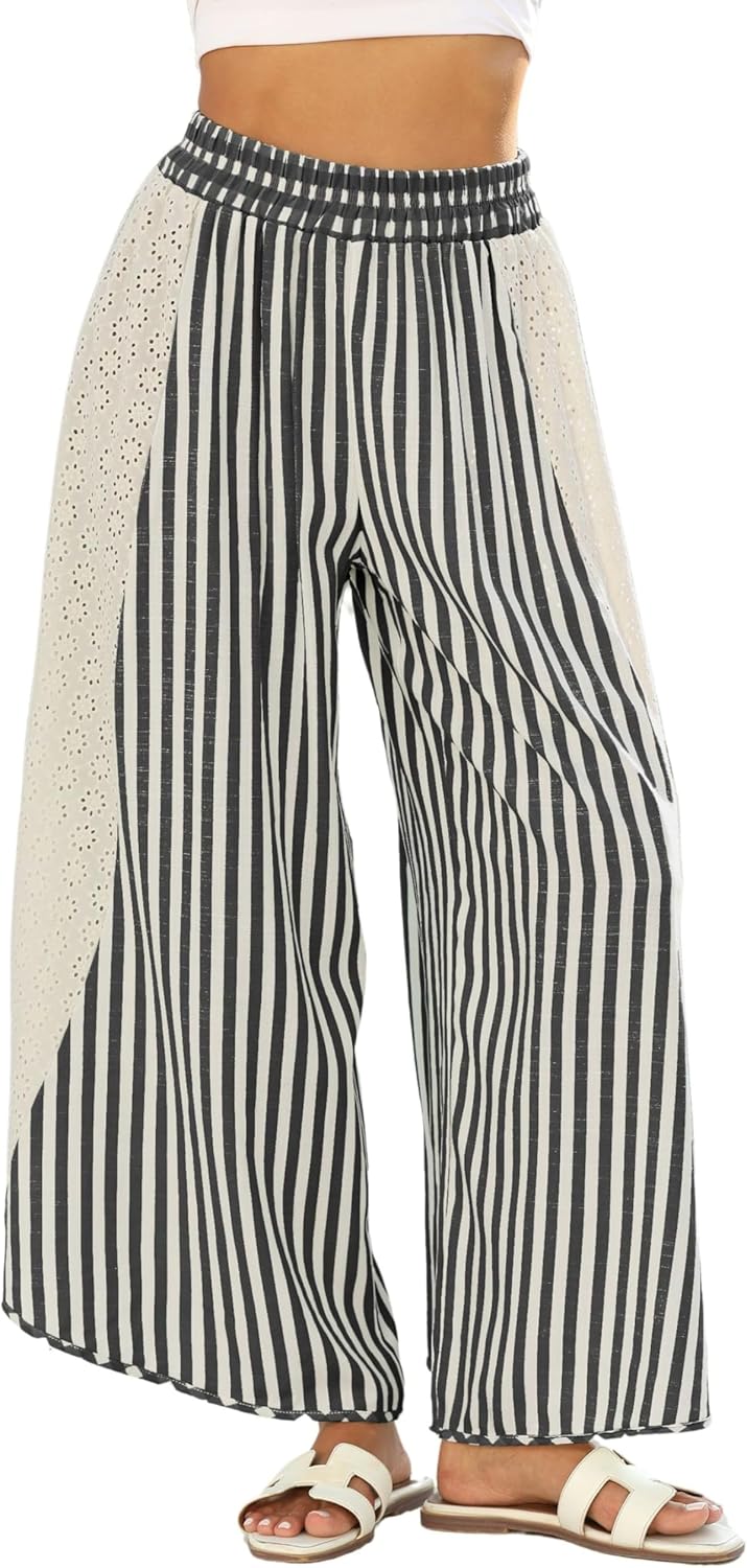 Athlisan Womens Summer Casual Loose Striped Wide Leg Pants