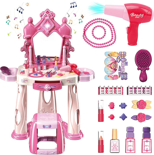 Pretend Play Girls Makeup Table Set with Stool for Toddlers