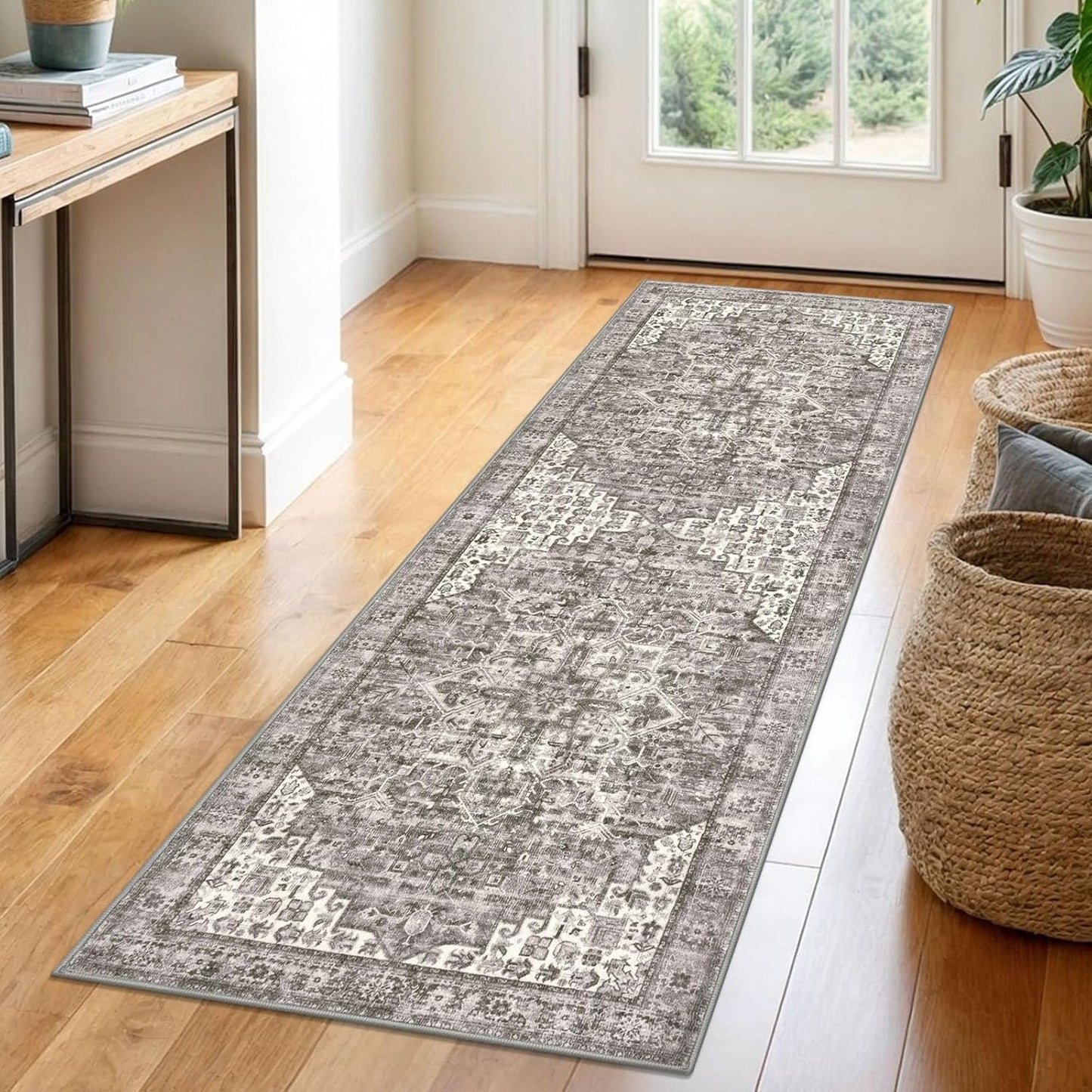 2x6 Taupe Runner Rug for Hallways - Vintage Boho Non-Slip Design