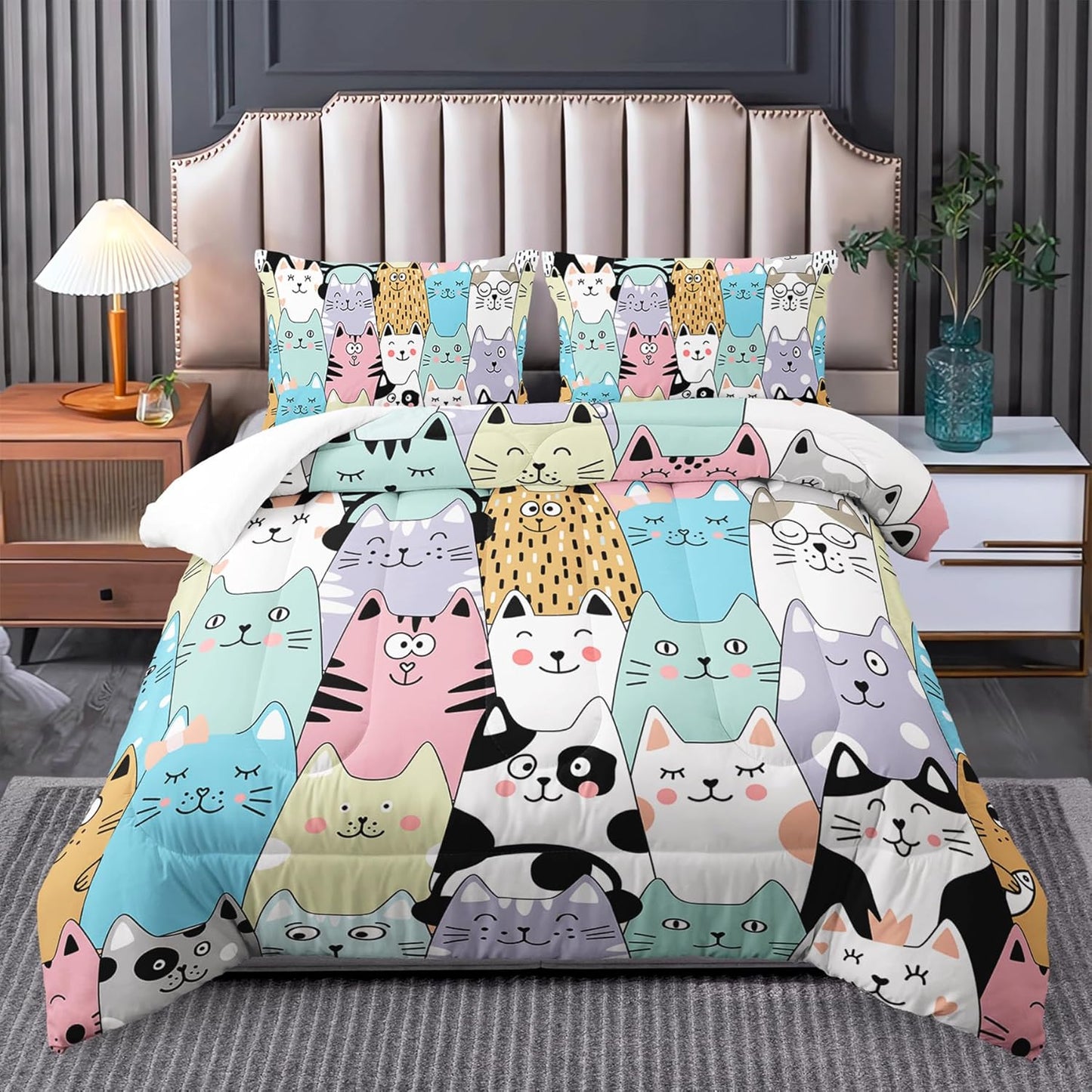 Twin Cat Comforter Set for Girls - Kawaii Cute Bedding Decor