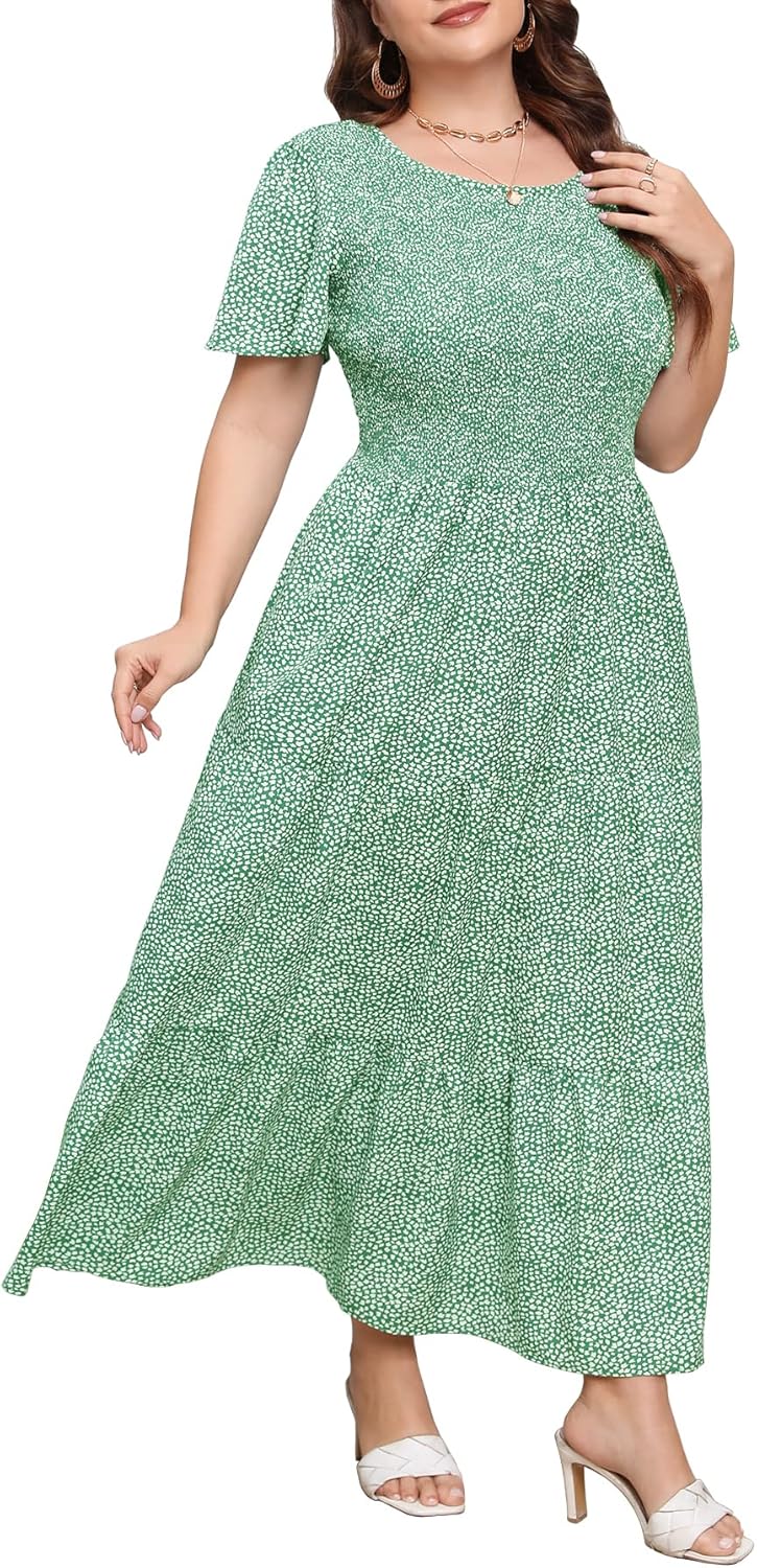 Womens Plus Size Long Maxi Dress with Pockets and Flutter Sleeves