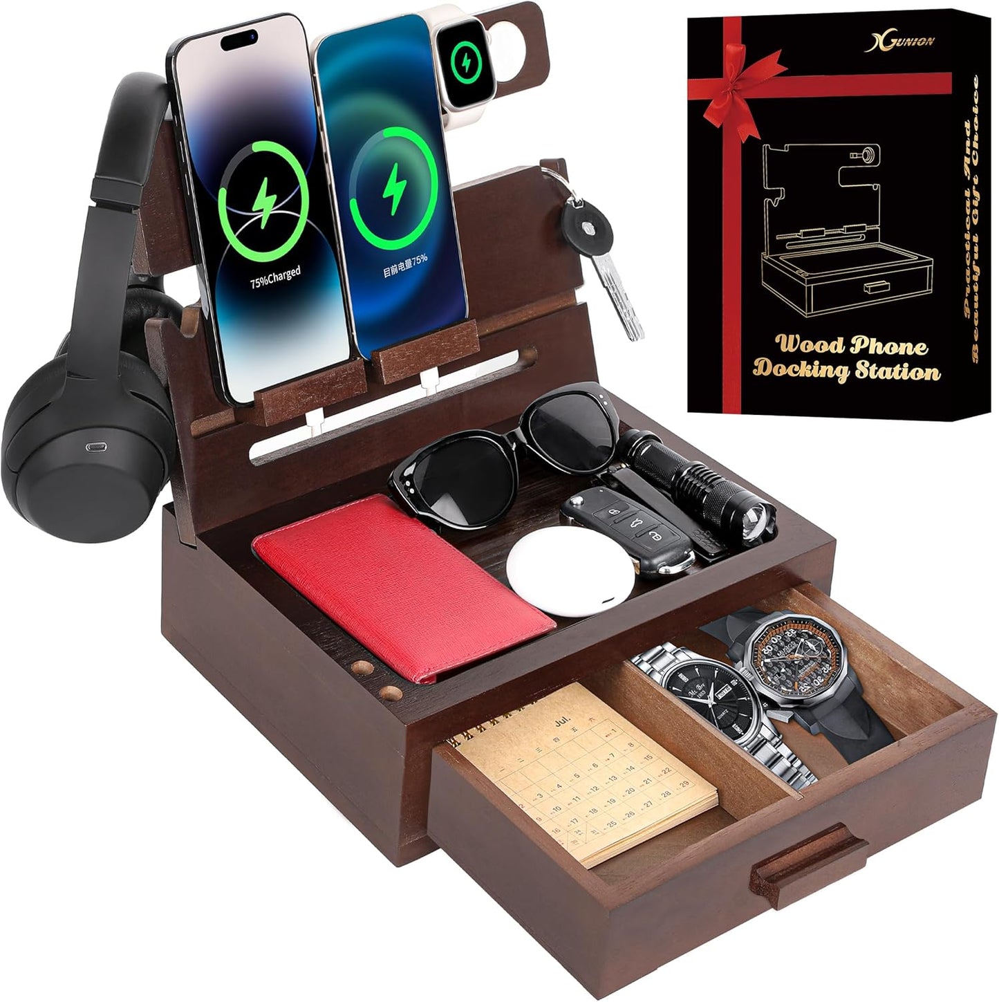 Wood Phone Docking Station Organizer for Men Dad Birthday Gifts
