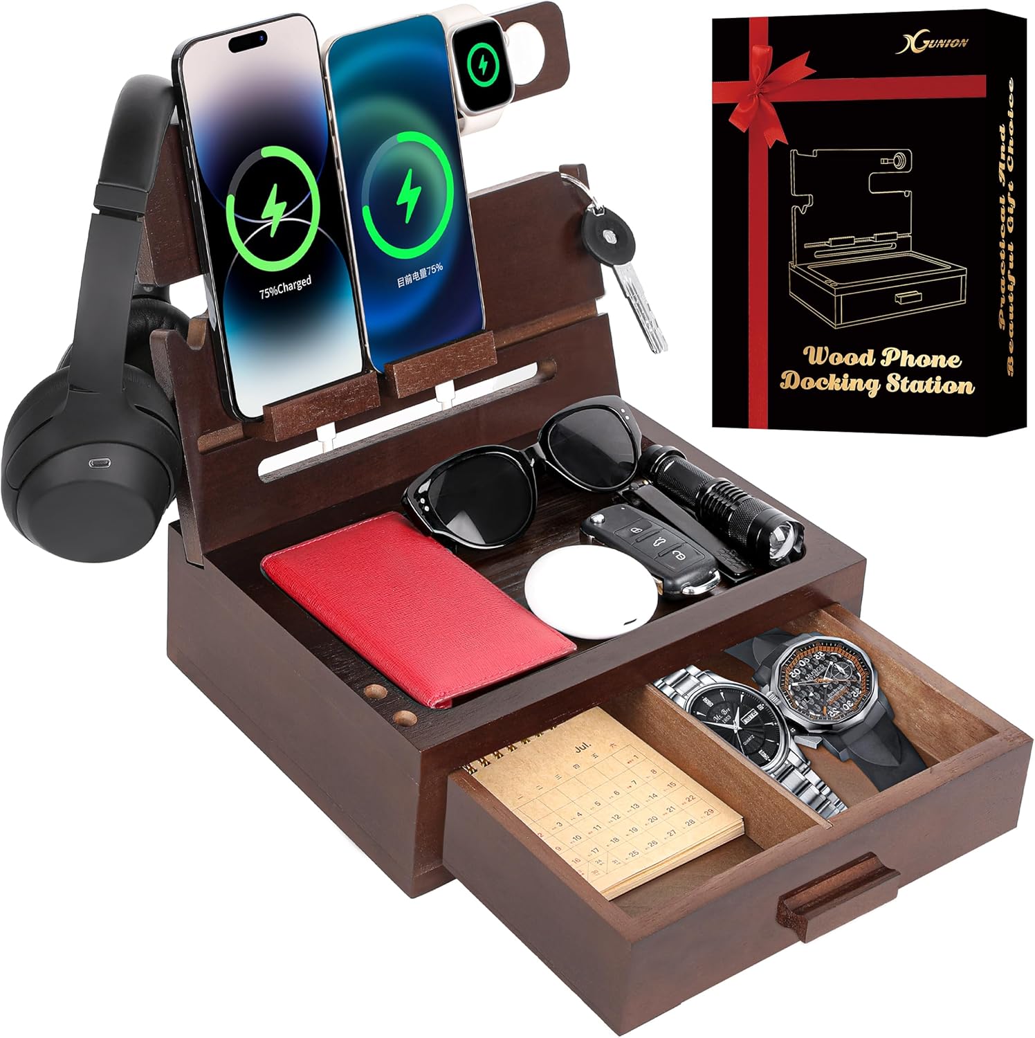 Wood Phone Docking Station Organizer for Men Dad Birthday Gifts