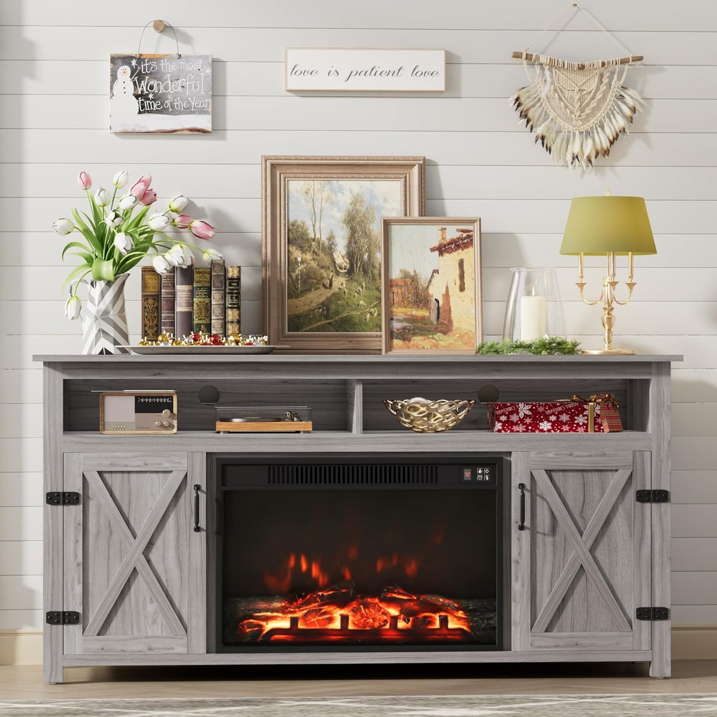 Rustic Farmhouse TV Stand for 65 TVs - Grey Wash