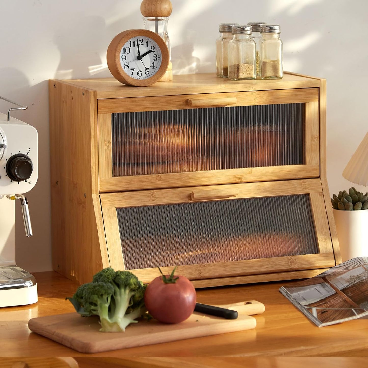 GHWIE Double Layer Bamboo Bread Box for Kitchen Counter Storage