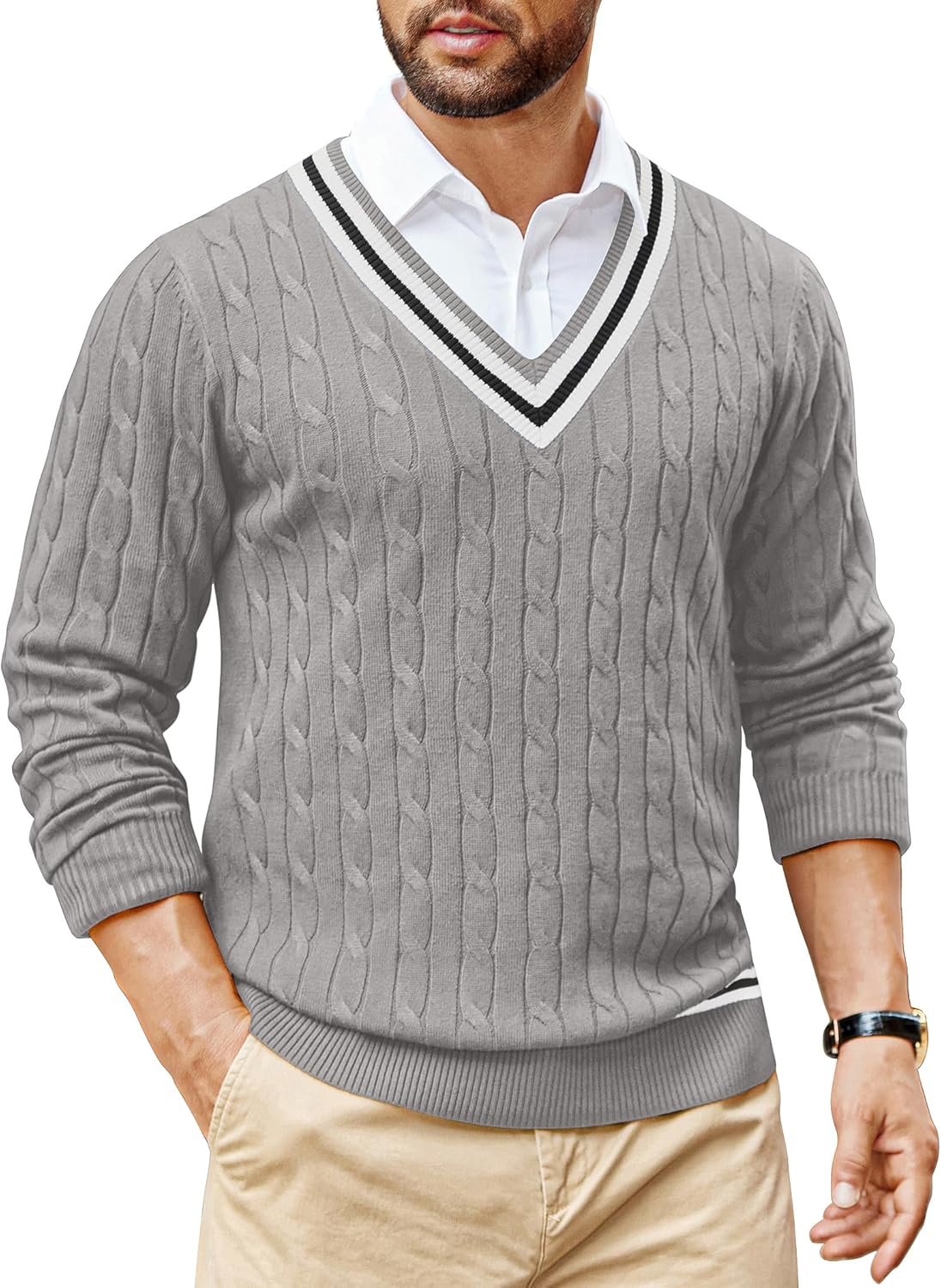 COOFANDY Mens V Neck Sweater for Fall Winter Preppy Style