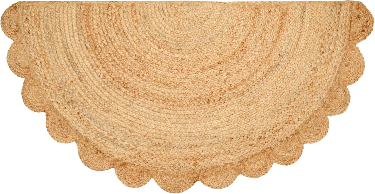 Half Hand Woven Area Rug with Scalloped Border for Home Decor