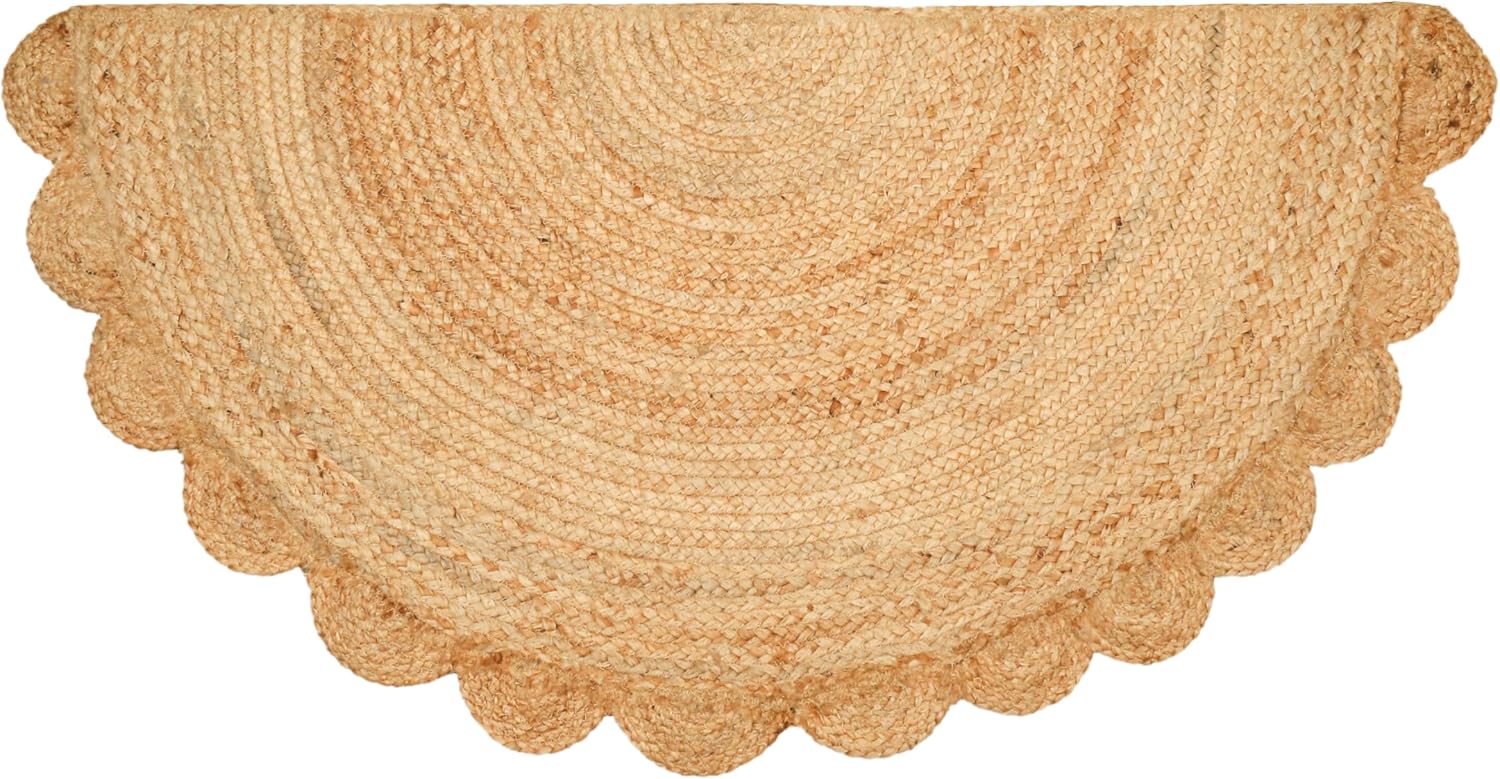 Half Hand Woven Area Rug with Scalloped Border for Home Decor