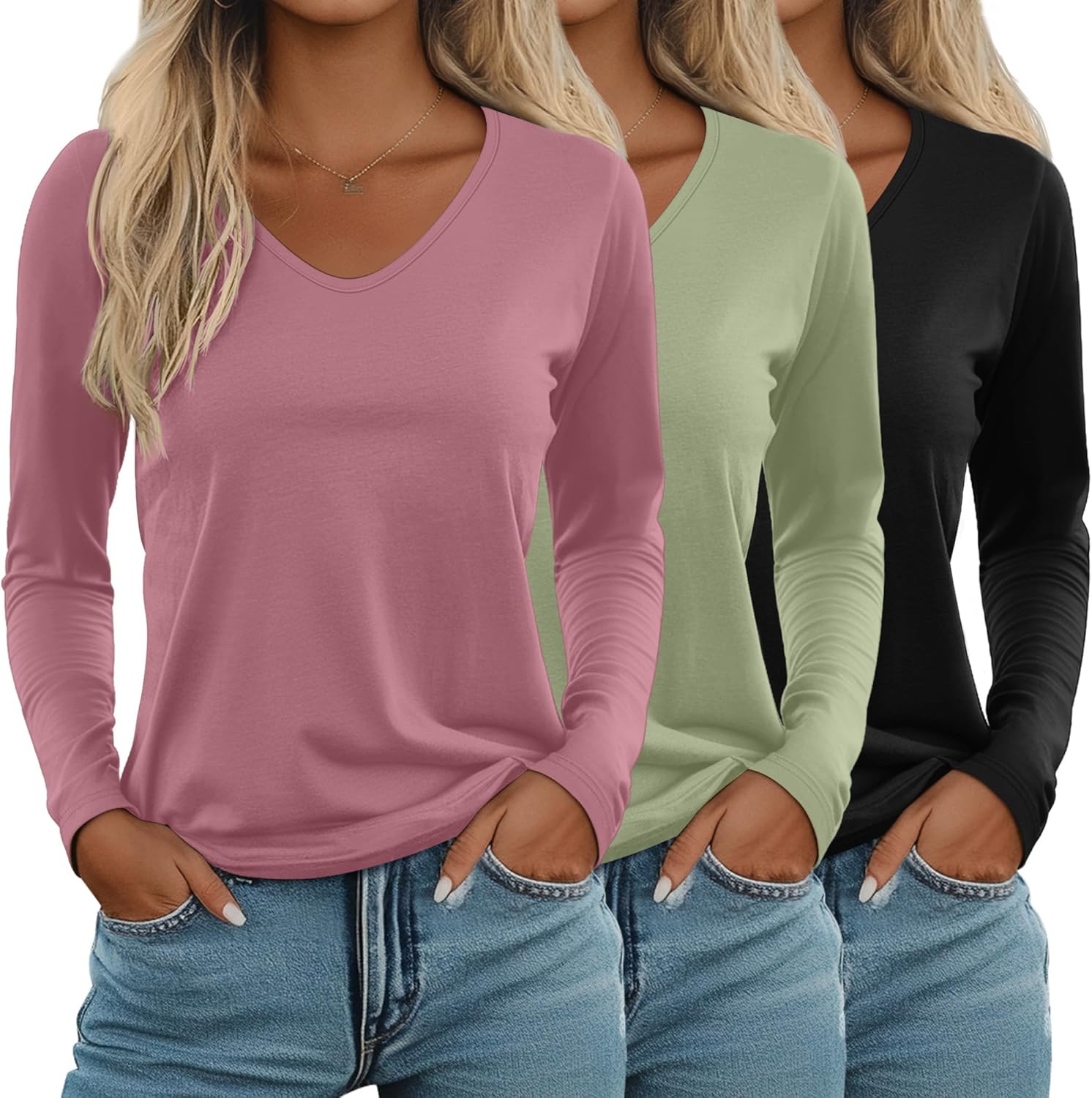 Ficerd Women's Long Sleeve V Neck T Shirts - Casual and Trendy