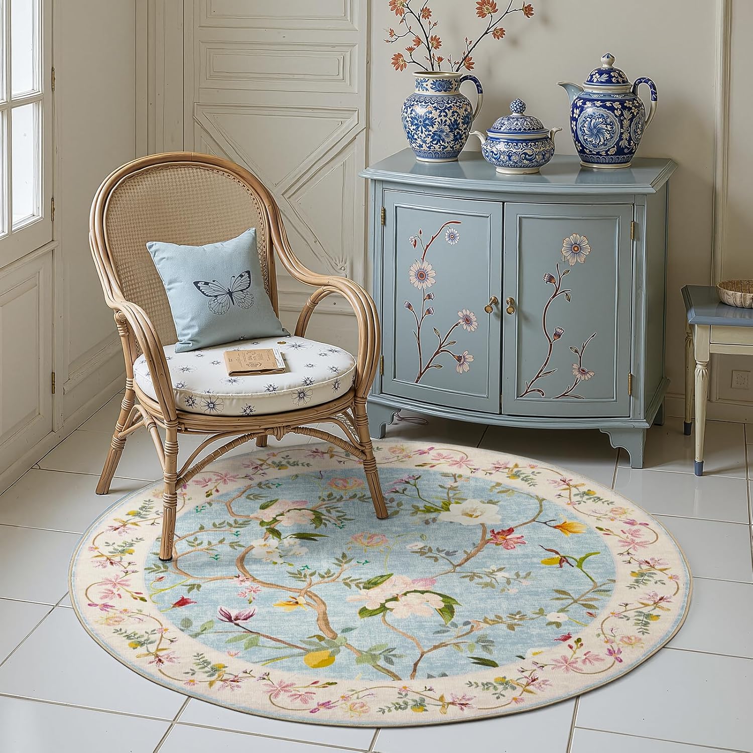 Floral Round Rug 4ft Non Slip Soft Circle Rugs for Home Decor