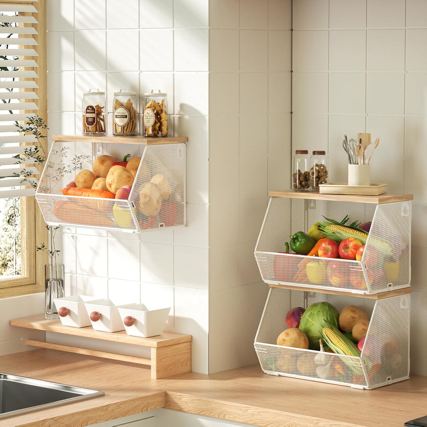 3-Pack Stackable Wire Basket with Wood Lid for Kitchen Storage