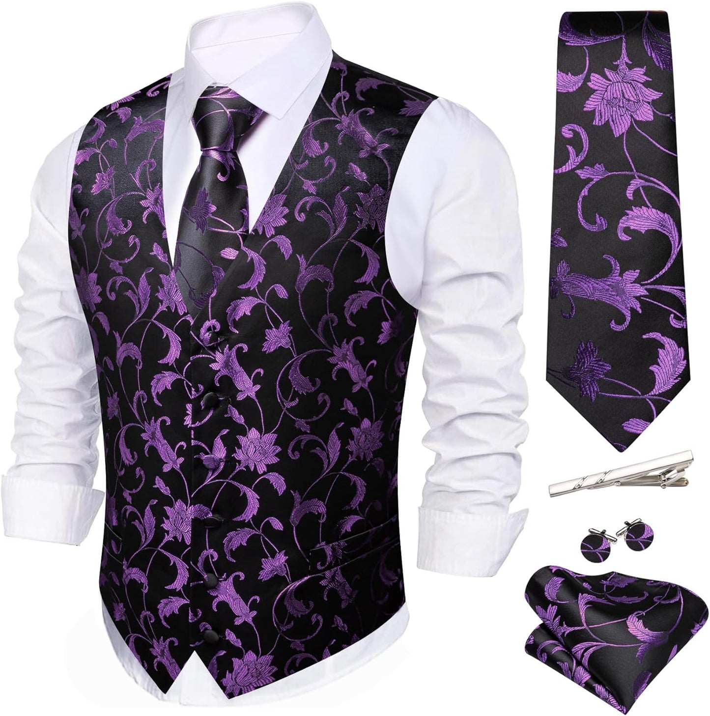 Barry.Wang Mens Suit Vest Set with Silk Jacquard Waistcoat