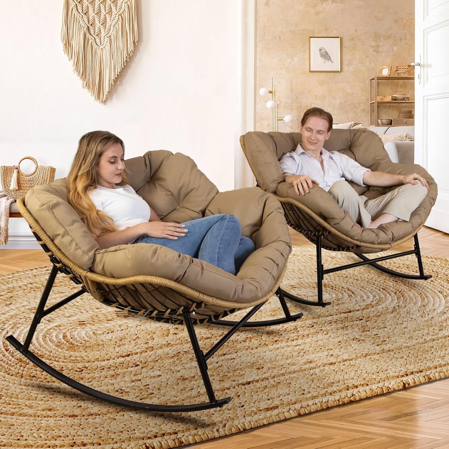 NICESOUL 2-Piece Outdoor Papasan Rocking Chair for Relaxation