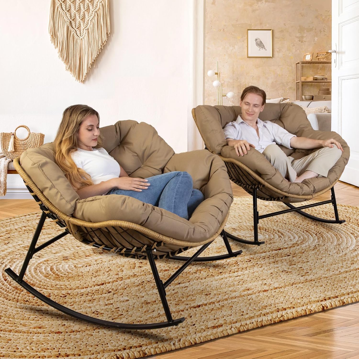 NICESOUL 2-Piece Outdoor Papasan Rocking Chair for Relaxation