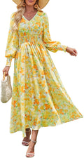 Women's Long Sleeve Floral Maxi Dress V Neck Chiffon - Boho Flowy