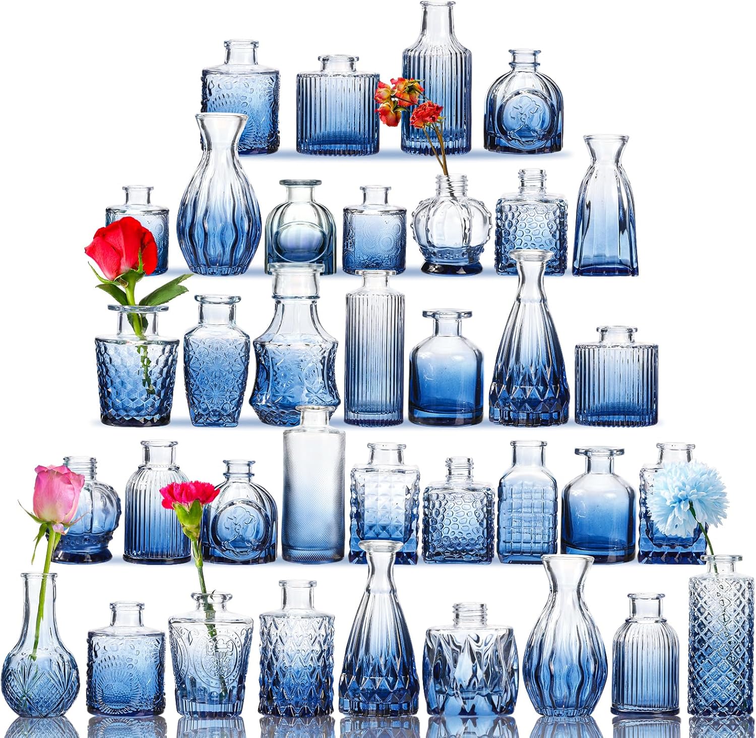 36 Blue Glass Bud Vases Set for Rustic Wedding Decor and Home