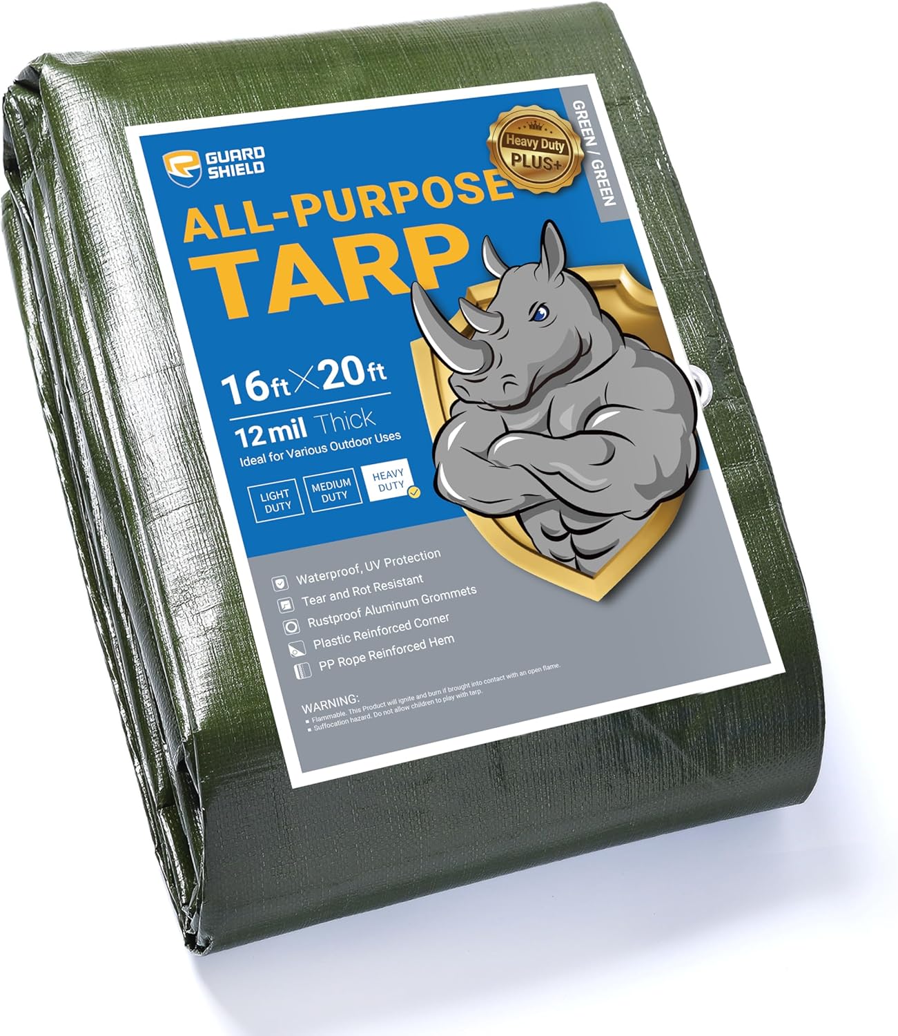 GUARD SHIELD Heavy Duty Waterproof Tarp 16x20 Feet Green Cover