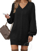 Women's Pullovers Jumper Sweaters Lantern Sleeve V Neck Mini Dress you