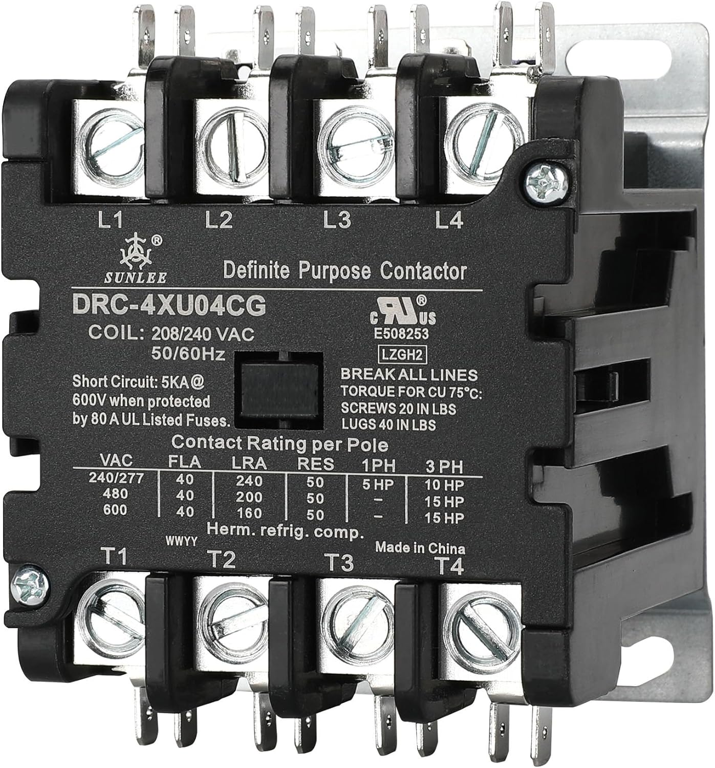 SUNLEE 4 Pole 40 Amp 50 RES Contactor for HVAC and Lighting