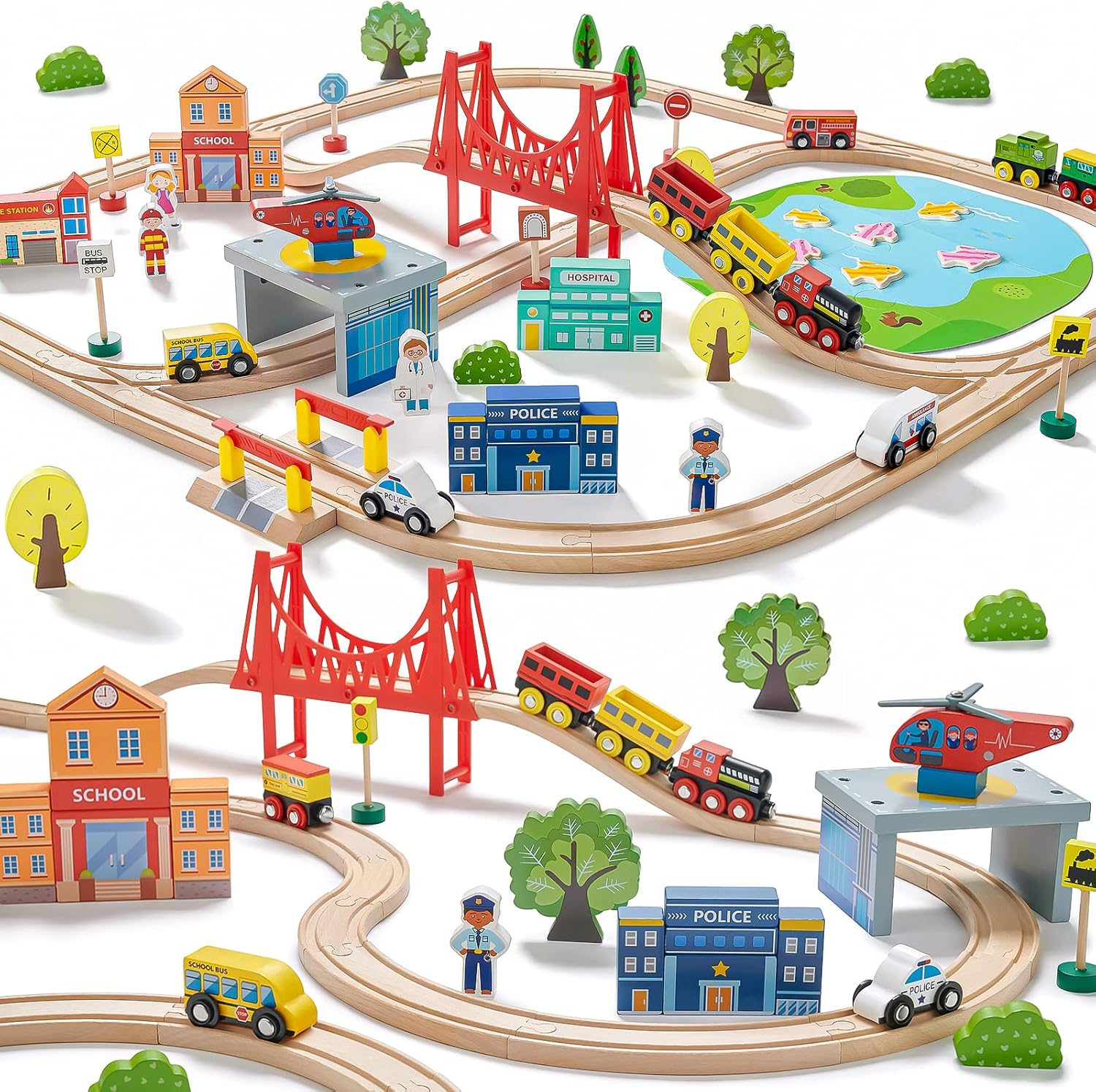 Tiny Land 110PCS Wooden Train Set for Kids Ages 3-7, Ideal Playset