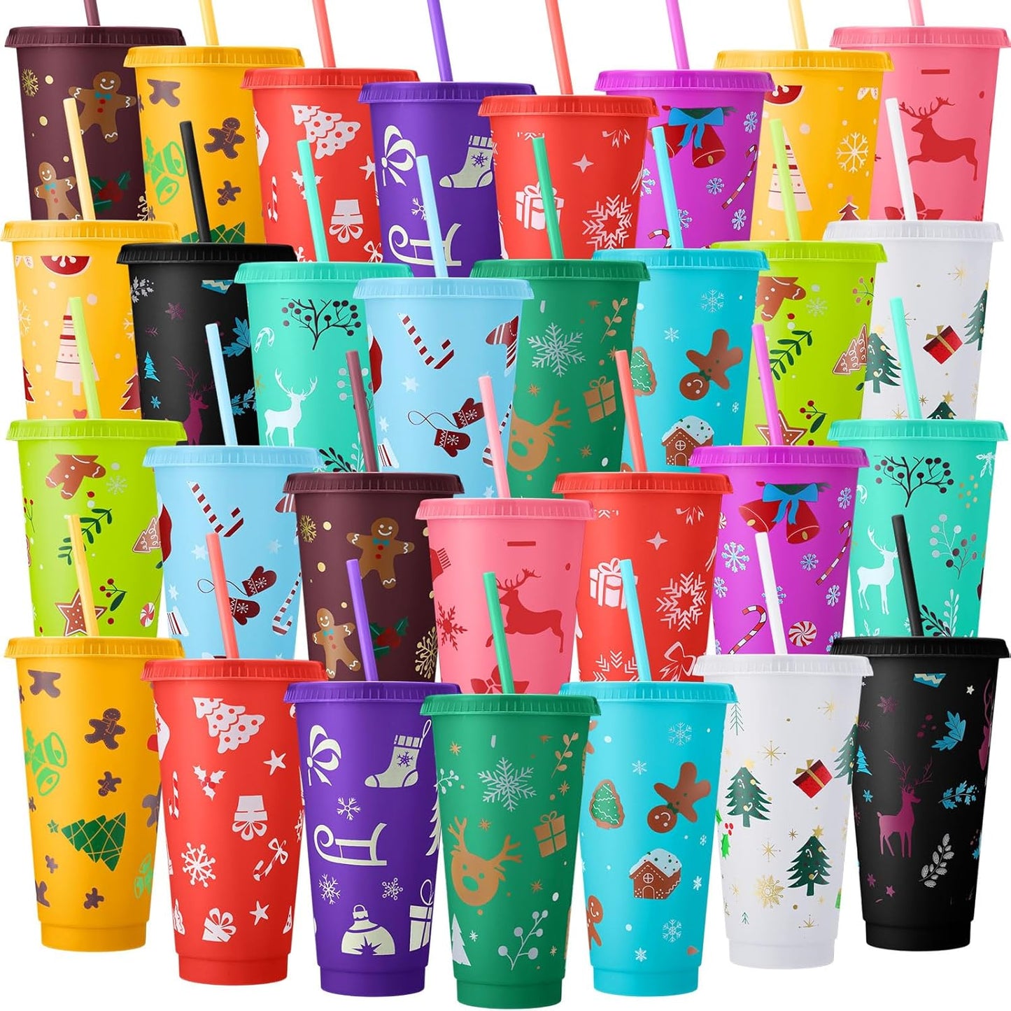30 Pcs 24 oz Christmas Cups with Straw and Lid for Parties