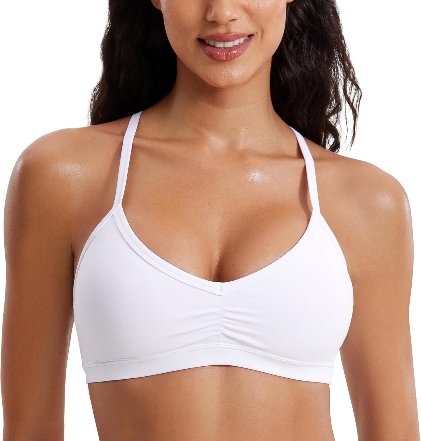 CRZ YOGA Ruched V Neck Sports Bra - Wireless Padded Crop Top