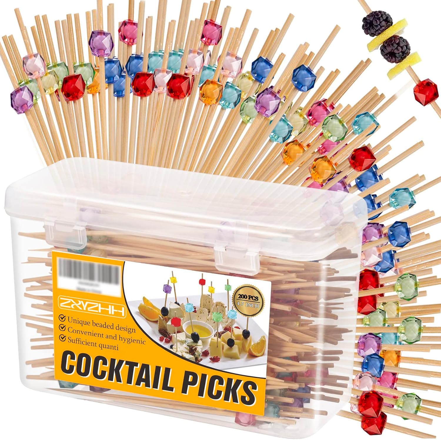 200 Multicolor Bamboo Cocktail Picks with Storage Box
