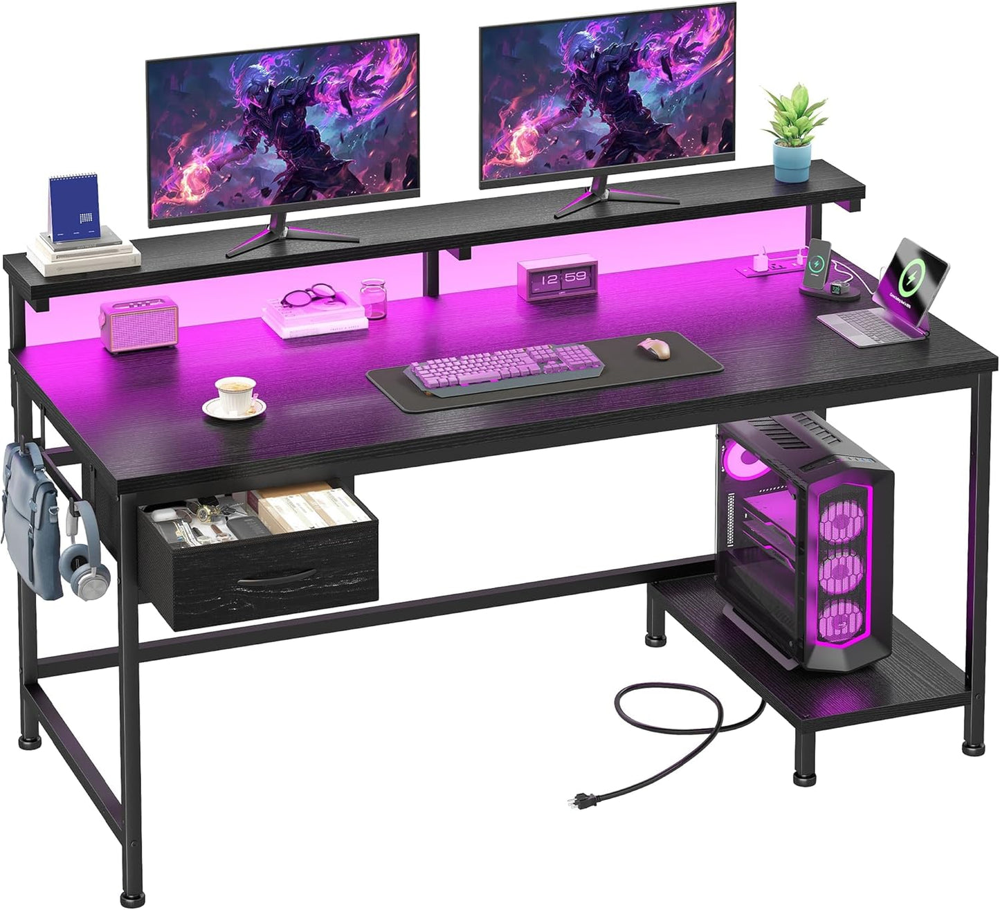 47.2 in Gaming Desk with Power Outlet and LED Lights for Home