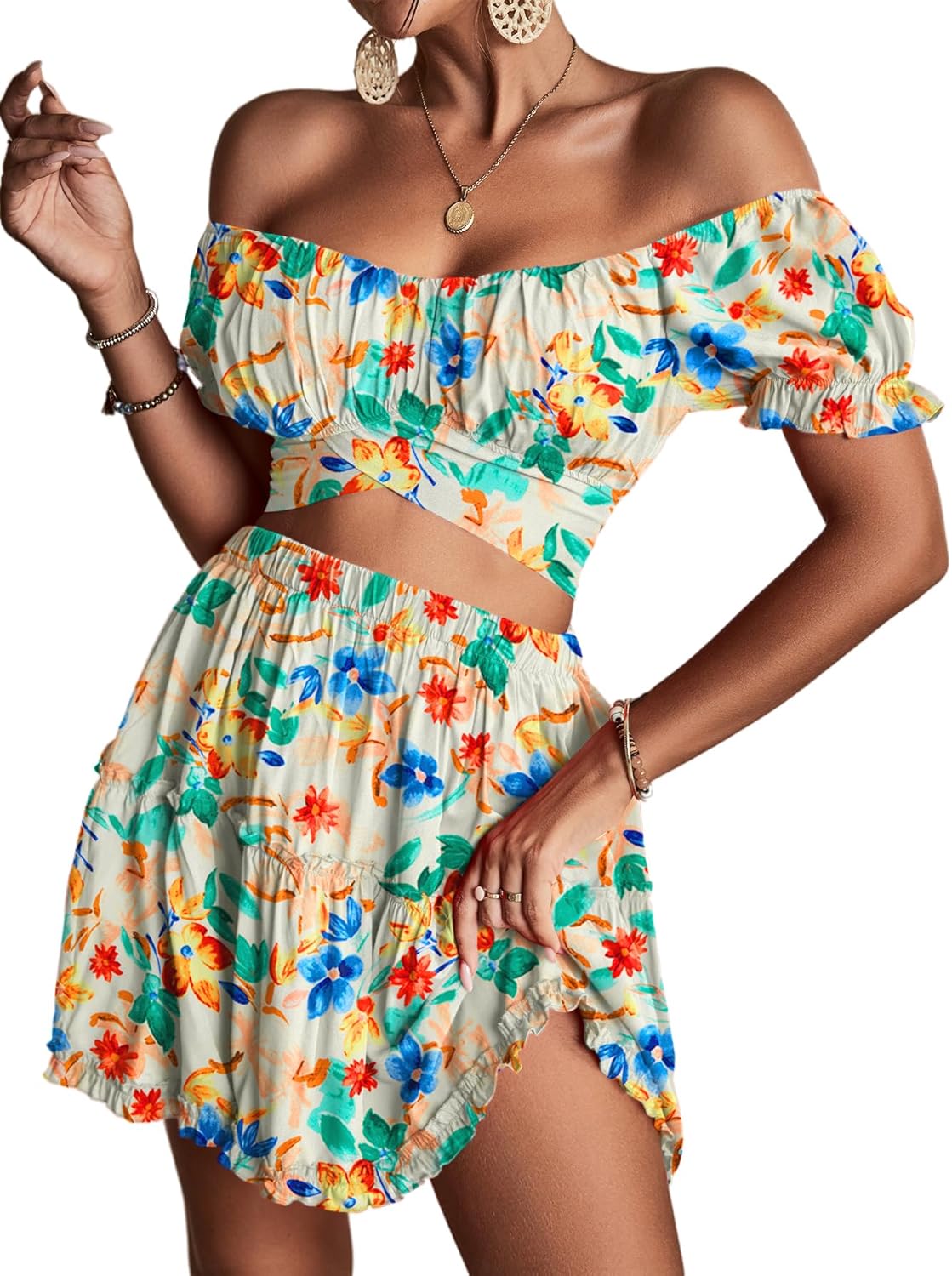 LYANER Women's Floral Off Shoulder Crop Top and Mini Skirt Set