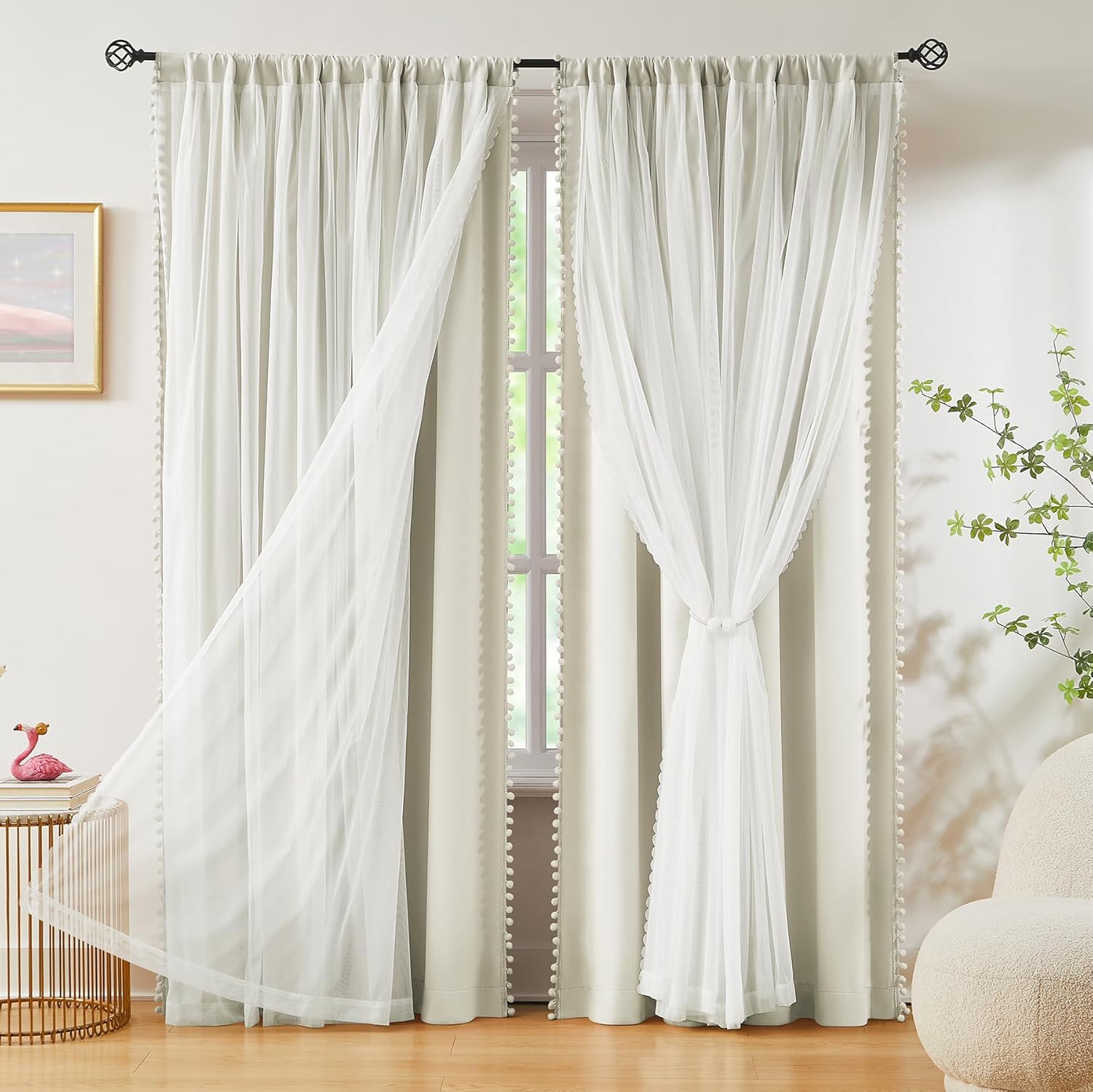 Pom-Pom Blackout Curtains with Sheer Overlay for Cozy Rooms