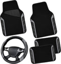 CAR PASS Leather Steering Wheel Cover and Floor Mats Combo