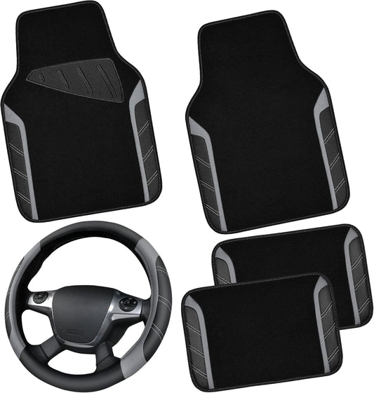 CAR PASS Leather Steering Wheel Cover and Floor Mats Combo