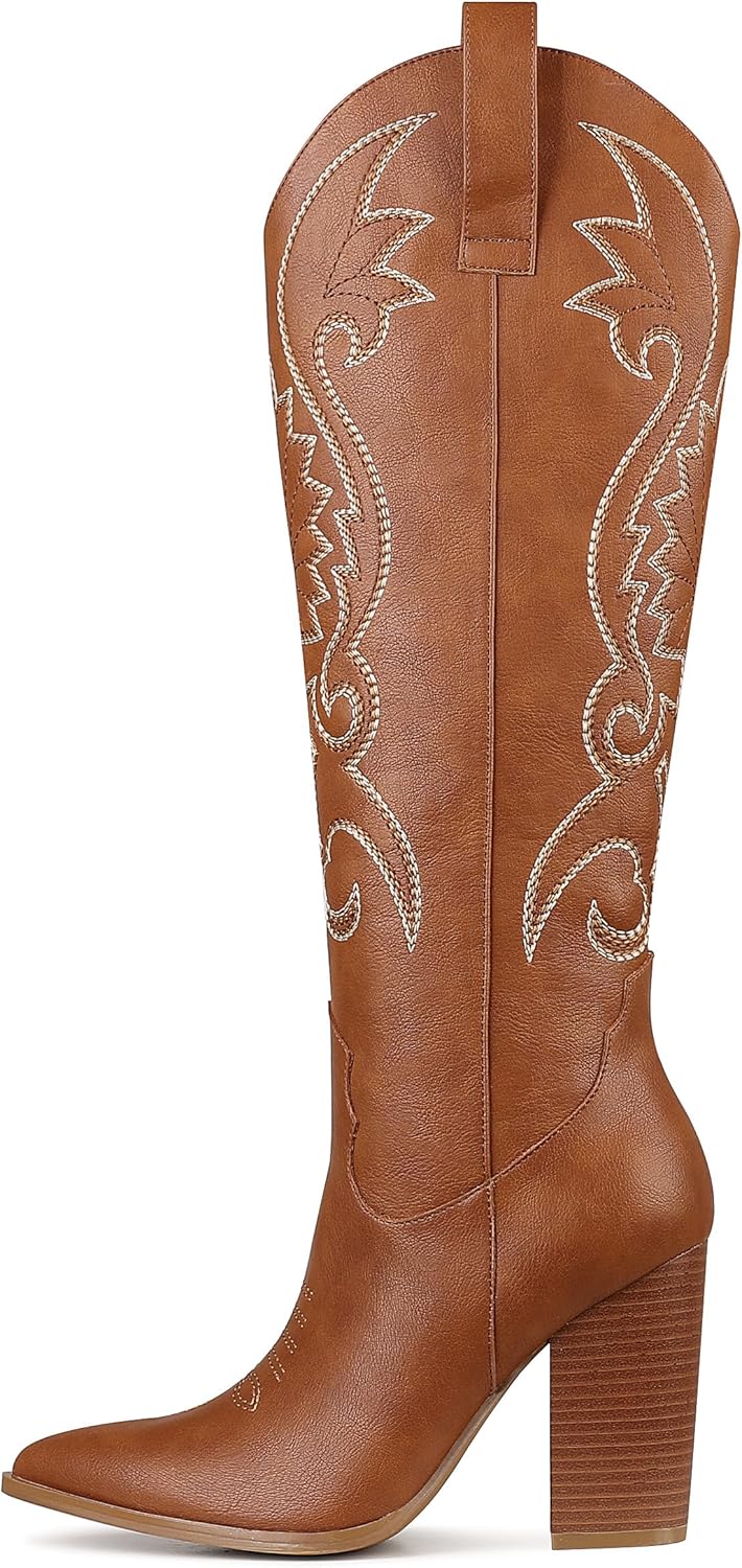 VOMIRA Knee High Cowboy Boots for Women with Chunky Heels