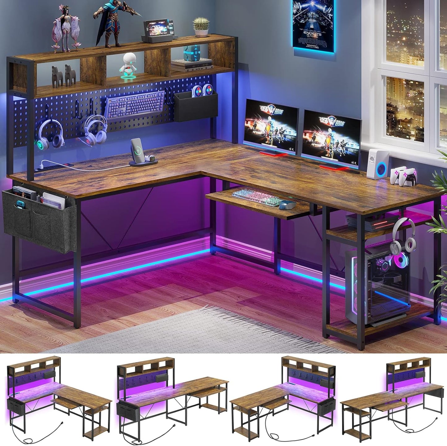 SEDETA L Shaped Computer Desk with Power Outlet and LED Lights
