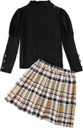 Girls Plaid Skirt Set 2 Piece Outfit with Puff Sleeve Top - Fall