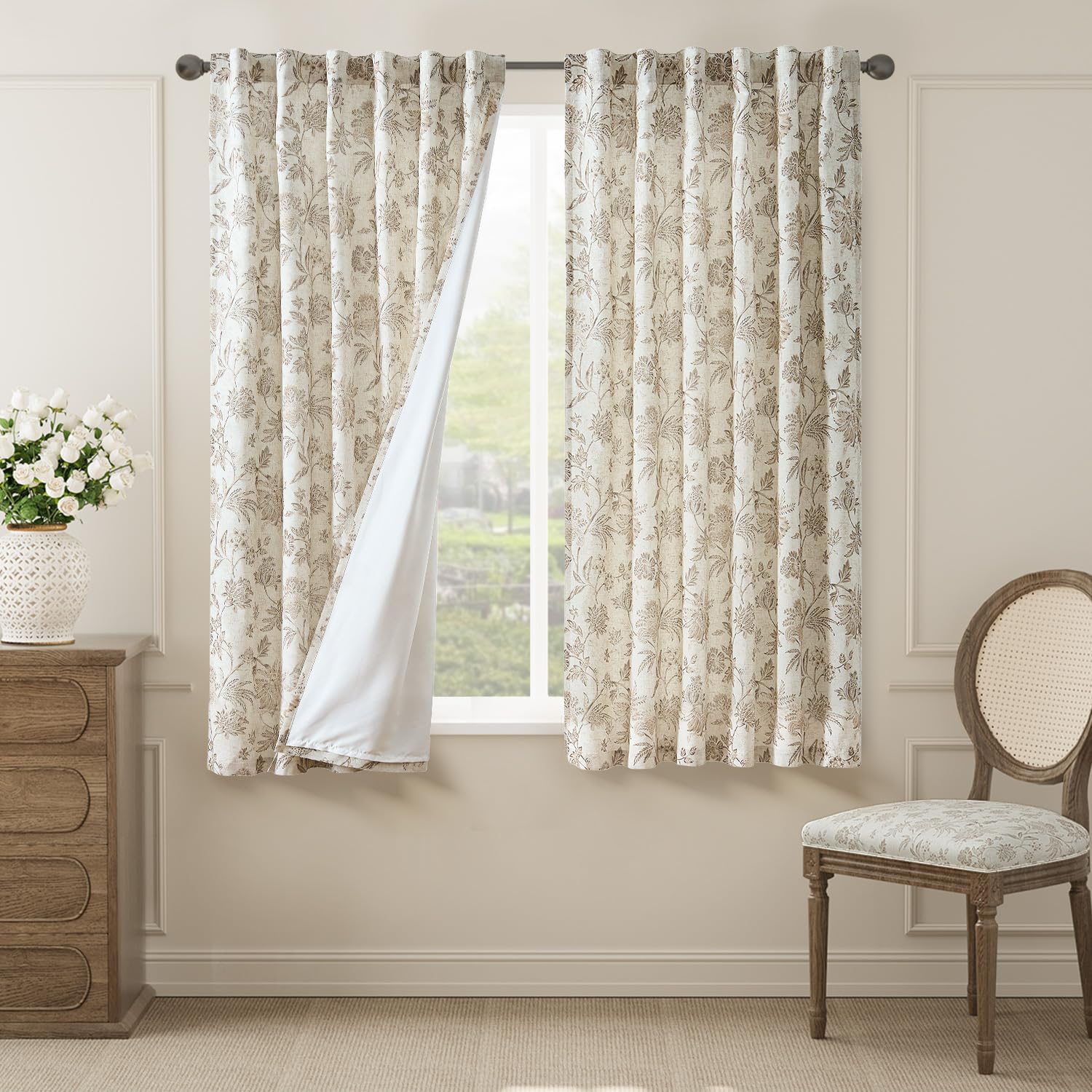 Floral Linen Curtains for Living Room - 63 Inch Length Drapes