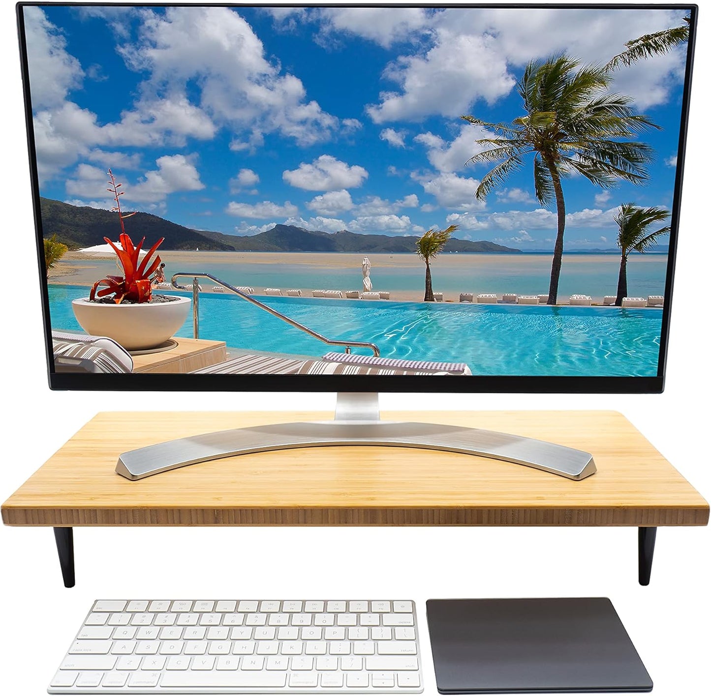 Bamboo Monitor Stand with Polished Aluminum Legs for Ergonomics