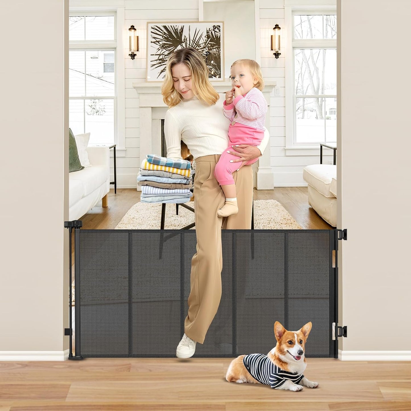 Reinforced 26 Inch Tall Retractable Dog Gate for Safety