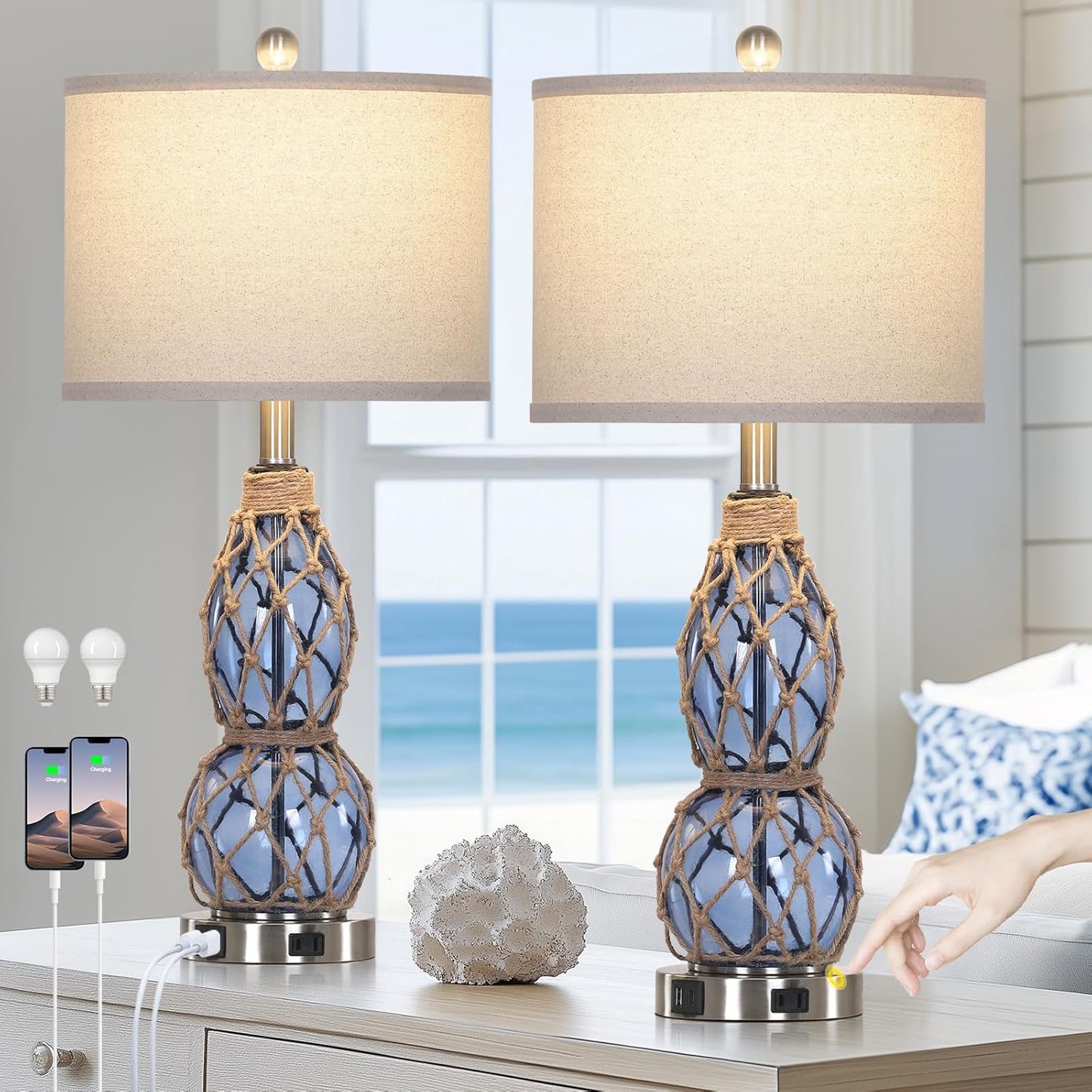 26 Coastal Glass Table Lamps Set of 2 with USB Ports and Dimming